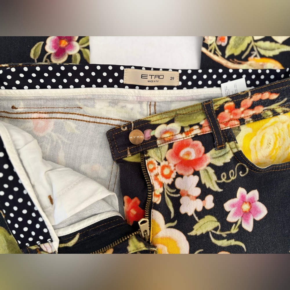 Etro Milano Designer Black Multicolor Floral Skinny Pants Size 29 Made In Italy - Picture 2 of 15